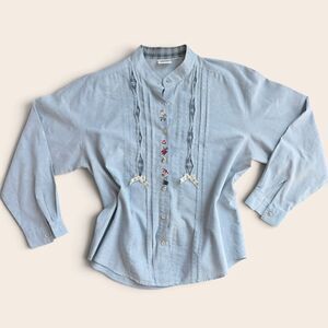 Napa Valley Blue Pintuck Embroidered Blouse Cottagecore Folk Vintage Top L
